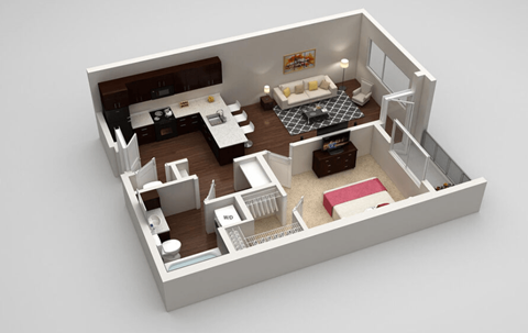 Floor plan for 1 bed, 1 bath, 688 sqft